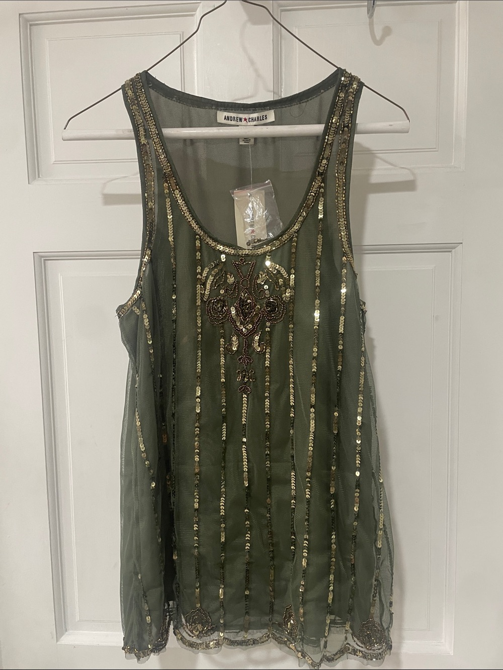 Andrew Charles Olive Sheer Sequin-Embellished Tank